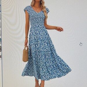 Cap Sleeve V-Necked Smocked Ruffle Tiered Dress